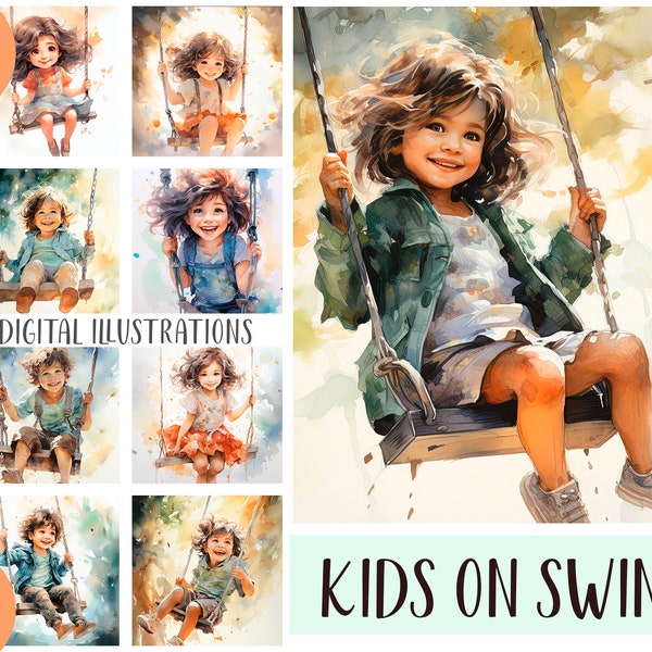 Watercolor kids on a swing clipart - cute kids digital paper - happy childhood illustrations - postcards about childhood - being a child JPG