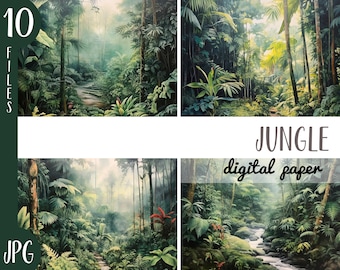 Watercolor Jungle clipart - Jungle landscape digital paper - tropics illustrations - Green plant backgrounds -tropical landscape jpg graphic