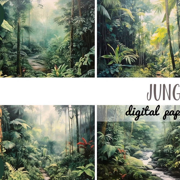 Watercolor Jungle clipart - Jungle landscape digital paper - tropics illustrations - Green plant backgrounds -tropical landscape jpg graphic