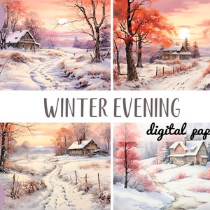 Aquarel winteravond clipart - natuurlijk landschap digitaal papier - winterdag JPG-bomen, sneeuw, dorp, bos, rivier, huis illustraties