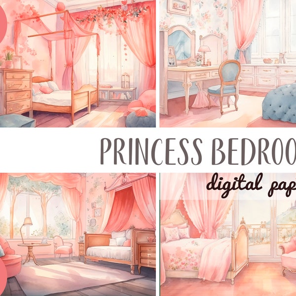 Watercolor princess bedroom clipart-pink children's room-little girl's room- little princess digital paper-delicate pink background JPG