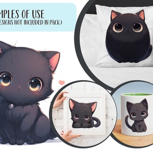 K&ouml;nnte beinhalten: Das Bild zeigt ein schwarzes Katzendesign auf einem Kissen, einem gerahmten Kunstwerk und einer Tasse. Die Katze hat gro&szlig;e Augen und einen niedlichen Ausdruck. Der Text oben lautet "EXAMPLES OF USE (THIS DESIGNS NOT INCLUDED IN PACK)".