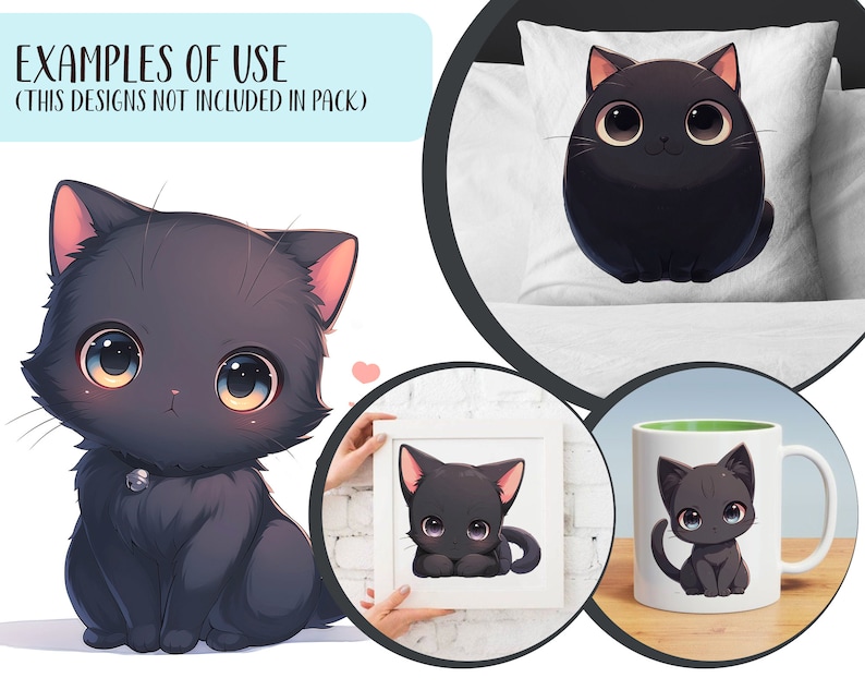 K&ouml;nnte beinhalten: Das Bild zeigt ein schwarzes Katzendesign auf einem Kissen, einem gerahmten Kunstwerk und einer Tasse. Die Katze hat gro&szlig;e Augen und einen niedlichen Ausdruck. Der Text oben lautet "EXAMPLES OF USE (THIS DESIGNS NOT INCLUDED IN PACK)".