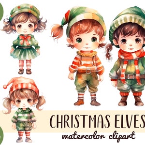 Aquarel kerstelfen clipart - elf jongen illustratie - kleine helpers van de kerstman PNG-cartoon schattig kind, wintervakantie, wenskaart