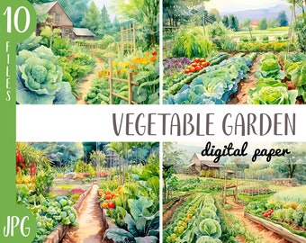 Watercolor vegetable garden clipart - green background digital paper - summer illustrations-natural landscape-farm, trees, country, backyard