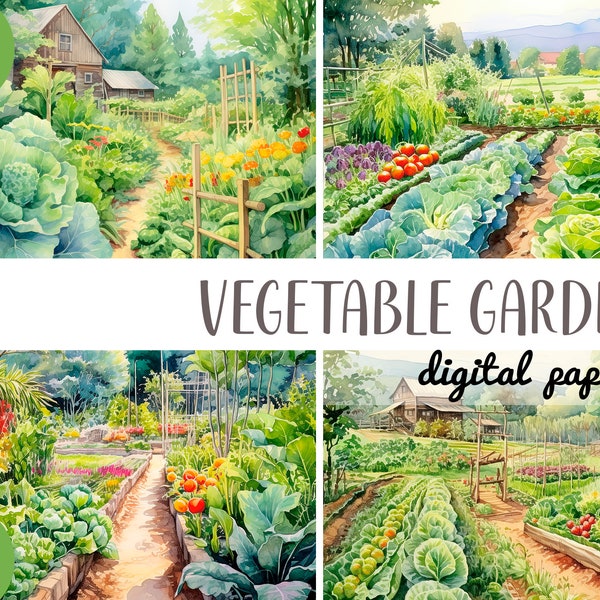 Watercolor vegetable garden clipart - green background digital paper - summer illustrations-natural landscape-farm, trees, country, backyard