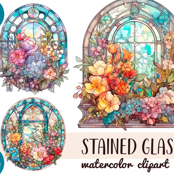Watercolor stained glass windows clipart - beautiful colored glass PNG - vintage floral motifs - stained glass windows digital illustration