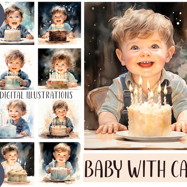 Watercolor baby with cake clipart - happy birthday party - illustrations for children's books - happy childhood - cute smiling child JPG