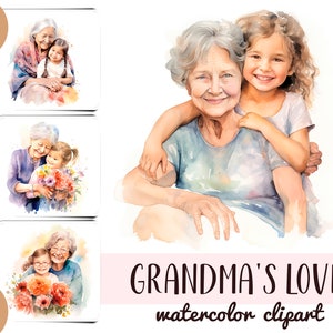 Aquarell Großmutters Liebe Clip Art - Porträts von Großmutter und Enkelin - Liebe für geliebte Menschen - sanfte Illustrationen für Postkarten