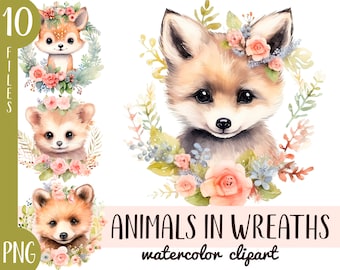 Aquarell Waldtiere Clipart: Blumenkränze (PNG)