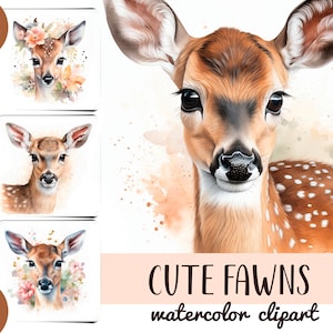 Aquarel reekalfjes clipart - schattige herten JPG-afbeelding - bosdieren digitaal papier - realistische portretten van reekalfjes - bloemstukken