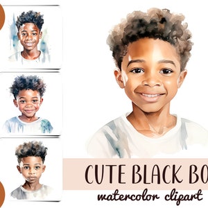 Clipart di ragazzo dalla pelle scura ad acquerello - bambino marrone carino - tenera illustrazione - ritratto di bambino nero - bel ragazzo con afro sublimazione JPG