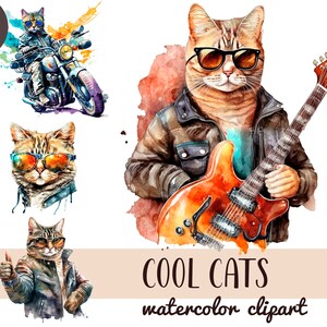 May include: A set of 29 watercolour clipart images featuring cool cats in various poses. The cats are wearing sunglasses and leather jackets, and some are playing musical instruments. The images are perfect for adding a touch of fun and personality to your projects.
