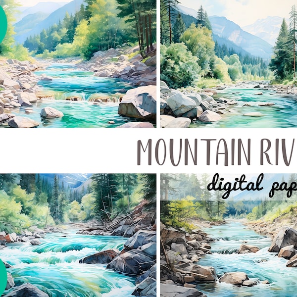 Watercolor mountain river clipart - landscape with digital river paper - beautiful mountain view sublimation - green and blue background