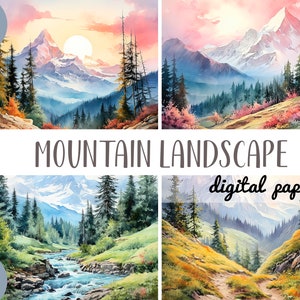 Clipart paesaggio montano ad acquerello - carta digitale natura - colline, montagne, fiume, sfondo foresta JPG - grafica vista montagna