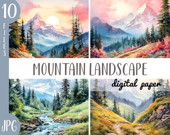 Watercolor mountain landscape clipart - nature digital paper -  hills, mountains, river, forest background JPG - mountain view graphics