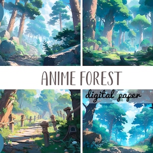 Anime bos achtergronden clipart - Japans boslandschap digitaal papier - Tokio, Japan, bos, boom - anime cartoon stijl natuur JPG