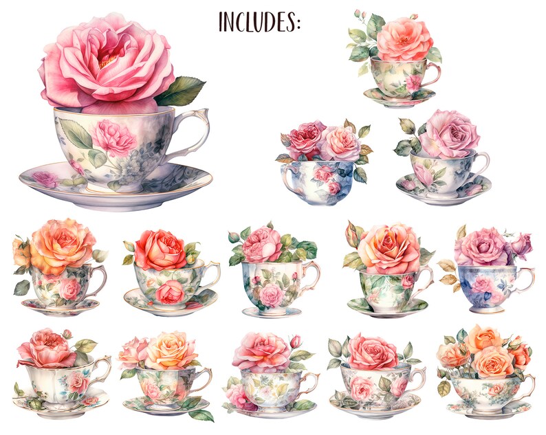 Watercolor vintage cups with roses retro tea mugs PNG-vintage roses pastel colors delicate illustrations antique flower arrangements image 2