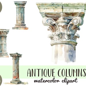 Aquarel antieke kolommen clipart - ruïnes illustraties - vintage architectuur sublimatie - oude pilaar, Griekenland, historische afbeeldingen