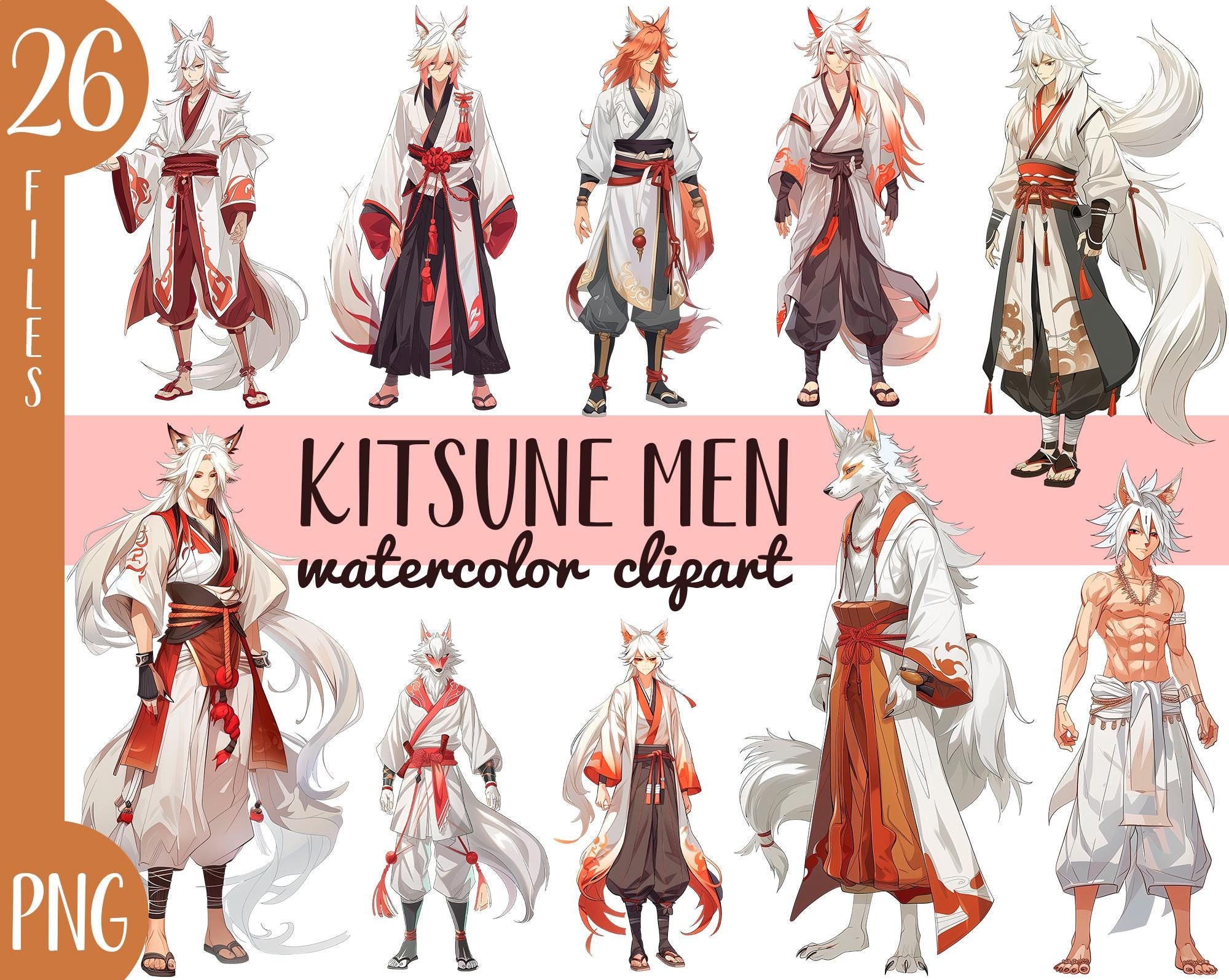 Watercolor Kitsune Men Clipart: Japanese Yokai Fox PNG (digital