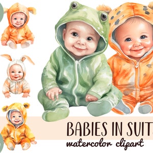 Bambini carini acquerellati in costumi da animali - bambini in costume - bambini piccoli e felici sublimazione - tuta con orecchie - primo compleanno - asilo nido
