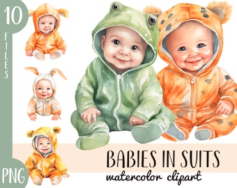Watercolor Babies Clipart: Animal Costumes, Nursery Art (PNG Digital Download)