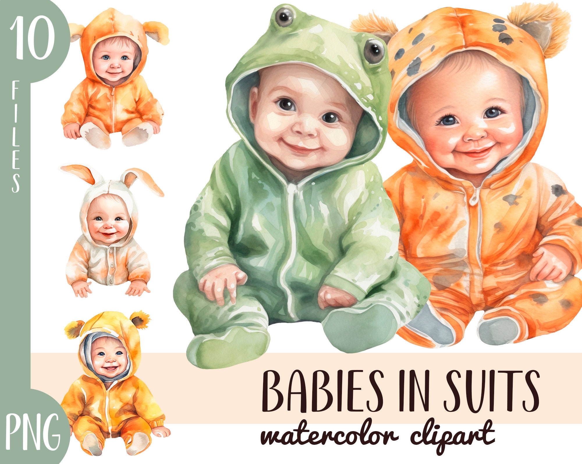 Watercolor Cute Babies in Animal Costumes Kids in Costumes Little Happy