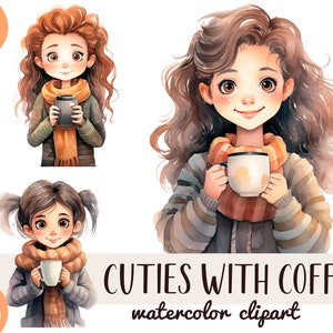 Aquarela lindas garotas com café clipart - retrato de lindas garotas de desenho animado com uma xícara de chá digital papel-cozy mood café gráfico JPG