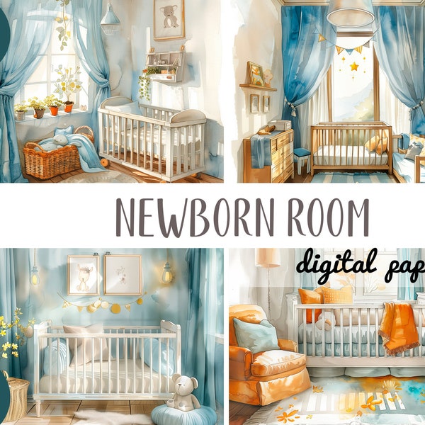 Watercolor newborn room clipart - children's room - baby bedroom digital paper - delicate blue background JPG - cradle, crib illustration