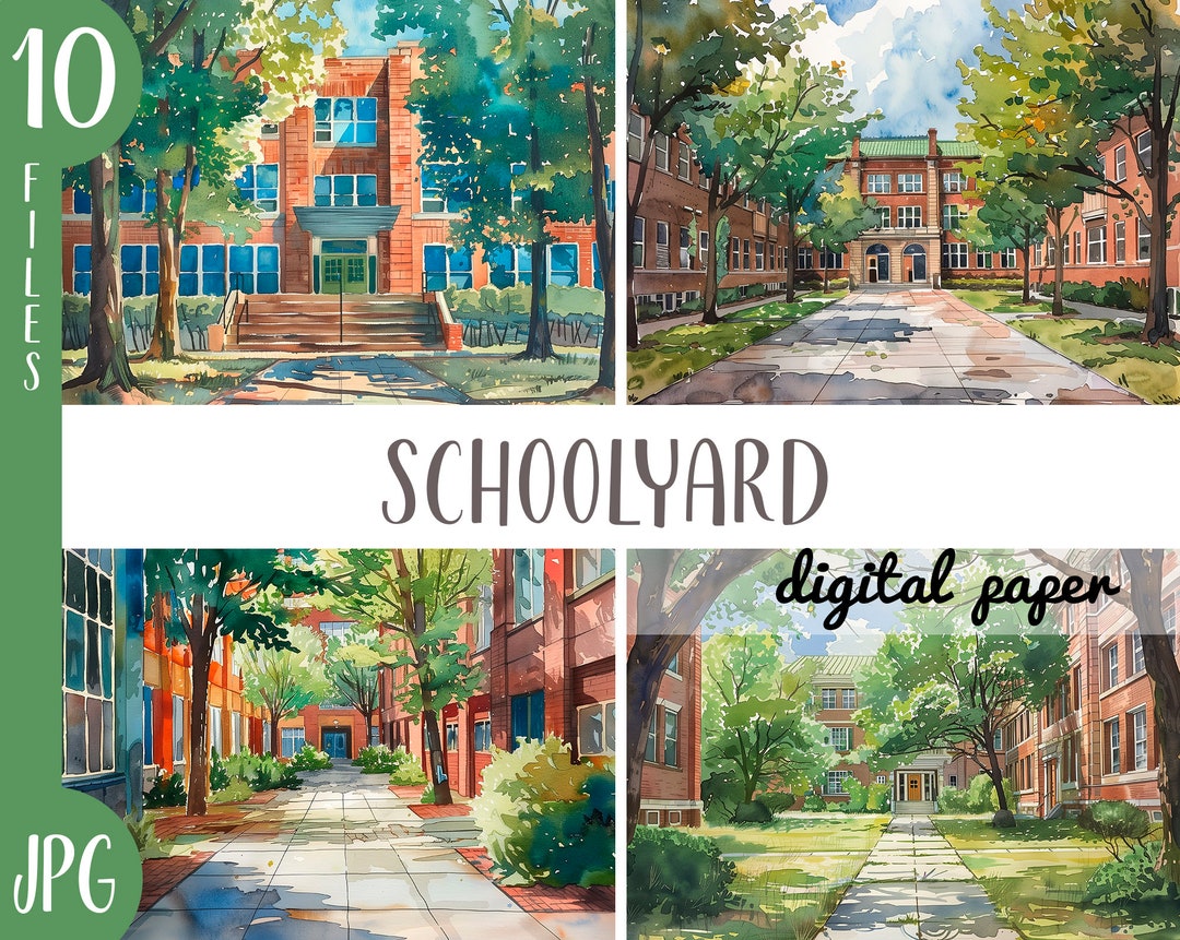 Watercolor Schoolyard Clipart - School Exteriors, University, Secondary School, Academy ...