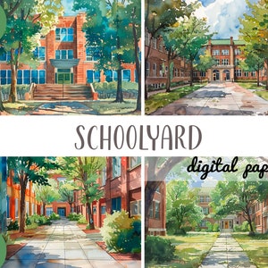 Aquarell Schulhof Clipart - Schule, Universität, Gymnasium, Akademie Landschaft digitales Papier - Architektur Illustration