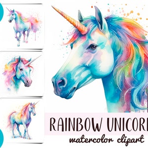Clipart de unicórnios de arco-íris em aquarela - papel digital de unicórnio - sublimação de cavalo de fada - arco-íris JPG - ilustrações delicadas - gráficos de fantasia
