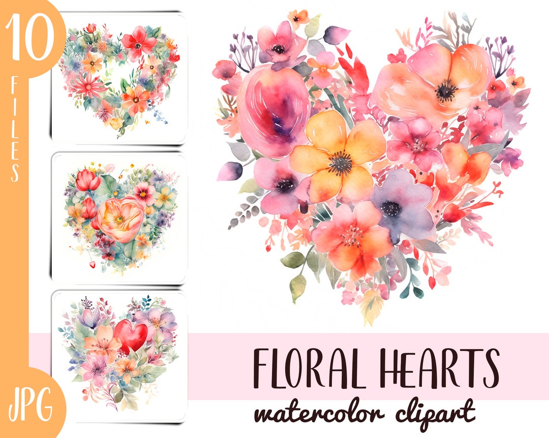 Watercolor Floral Hearts Clipart - Flowers Graphics - Digital Tender ...