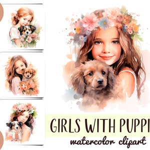 Clipart di ragazze con cuccioli ad acquerello - sublimazione di cani carini JPG - grafica di fiori delicati - colori pastello - composizioni floreali primaverili