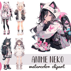 Watercolor anime neko characters clipart - cute kawaii teens with ears PNG - Japanese-style graphics - cartoon girls stickers, sublimation