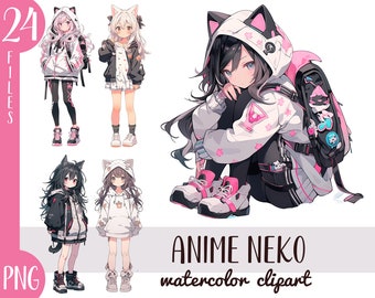Aquarell Anime Neko Charaktere Clipart - süße kawaii Teenager mit Ohren PNG - Grafiken im japanischen Stil - Cartoon Mädchen Aufkleber, Sublimation