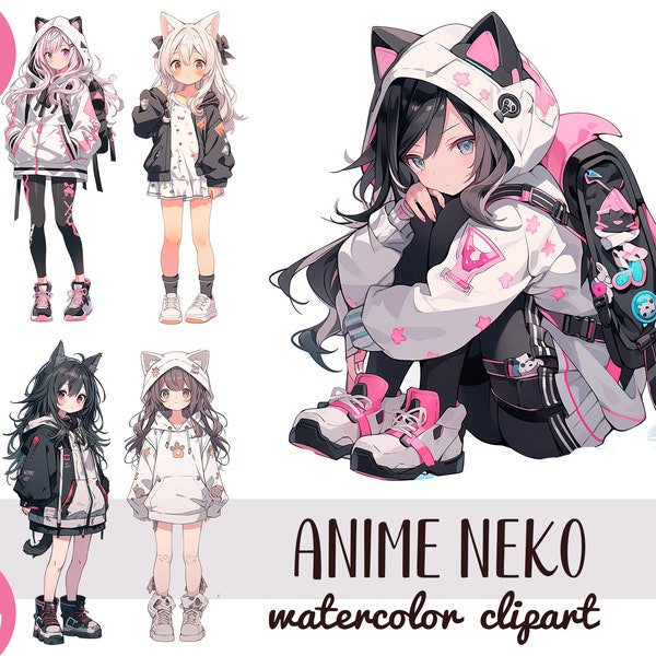 Watercolor anime neko characters clipart - cute kawaii teens with ears PNG - Japanese-style graphics - cartoon girls stickers, sublimation