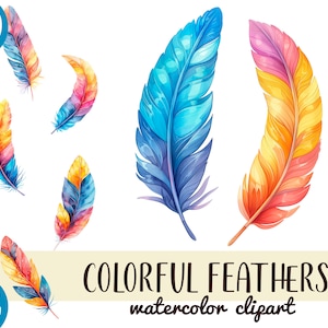 Aquarel kleurrijke veren clipart - pastel regenboog vogelveer sublimatie - oranje en blauwe boho png - optimistisch grafisch - ongewenste dagboek