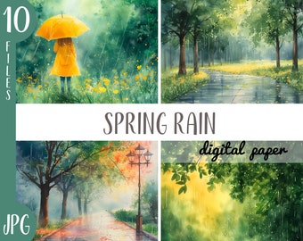 Watercolor Spring Rain Clipart: Green Nature Landscape (JPG Digital Paper)