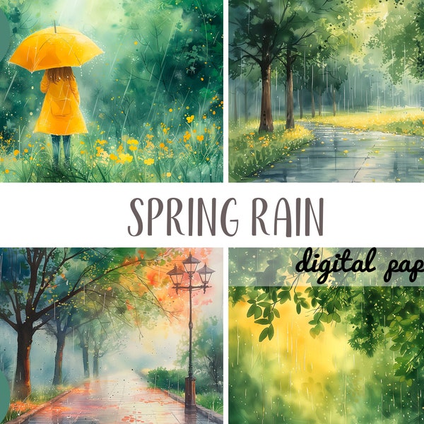 Watercolor spring rain clipart - rainy weather graphic -green nature digital paper-spring sunlights JPG-romantic background - rain landscape