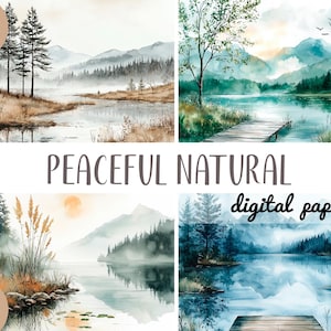 Paisagens naturais pacíficas em aquarela clipart - papel digital da natureza - ilustrações com lago e montanhas - cores neutras pastel JPG