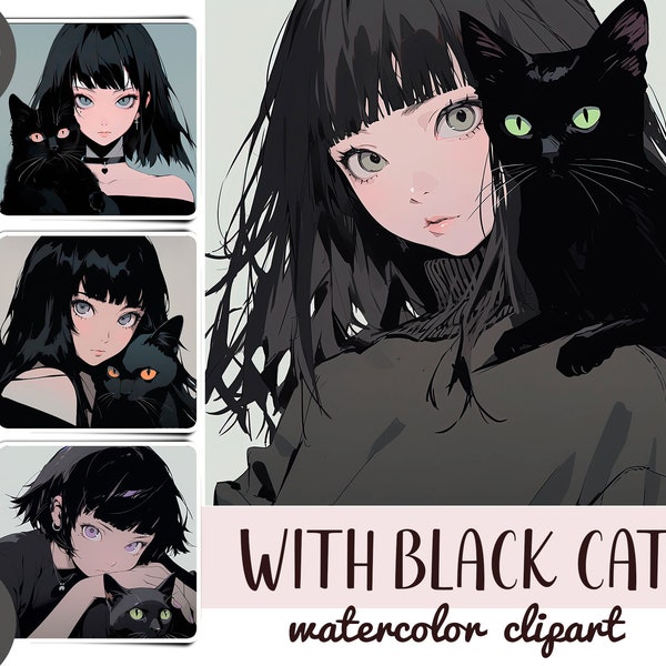 Watercolor anime girl with black cat clipart - cute anime girl digital paper - gothic illustrations in Japanese style - avatar with pet JPG