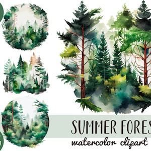 Aquarel bos clipart - hout clip ar - bomen groen achtergrond - zomer boslandschap - digitale aquarel - natuur graphics PNG