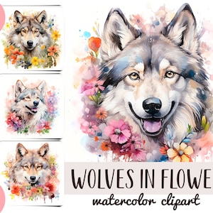 Clipart aquarelle de loups mignons - loup avec papier numérique de fleurs - sublimation d'animaux de la forêt - loup floral JPG - illustration tendre