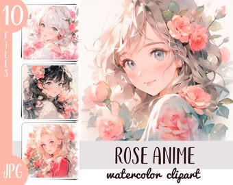 Akvarellros Anime Clipart: Japanska flickillustrationer (JPG-filer)