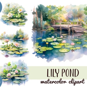 Lagoa aquarela com clipart de lírios - sublimação de lagoa de nenúfar-PNG ilustração de paisagem-natureza - nenúfares com fundo transparente