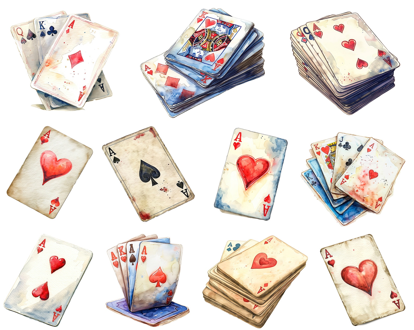 Watercolor Playing Cards Clipart: Poker PNG Graphics (digital Download ...