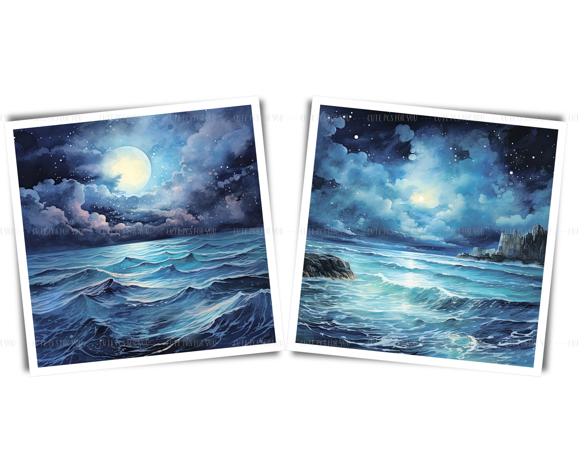 Watercolor Night Sea Clipart: Starry Sky, Lighthouse (JPG Digital Paper ...