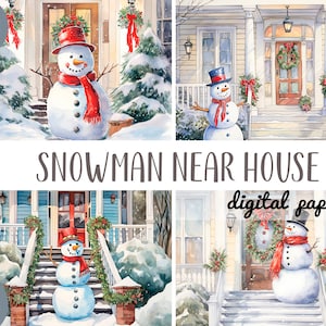 Pupazzi di neve acquerellati vicino alla casa clipart - paesaggio urbano invernale - portico della casa americana carta digitale - illustrazioni natalizie - pupazzo di neve