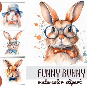 Aquarell witziger Hase - niedlicher Hase mit Brille - Hasen mit lustigen Hüten JPG Illustration - Osterhase ClipArt - Digitales Papier